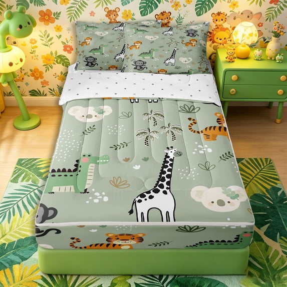 Castle Fairy Kawaii Animal Giraffe Monkey Zebra Zipper Queen Comforter Set with Fitted Sheet and 2 Pillowcases,Cute Tropical Palm Leaf Zipper Bedding Set,Sage Green,Reversible,4 Pieces