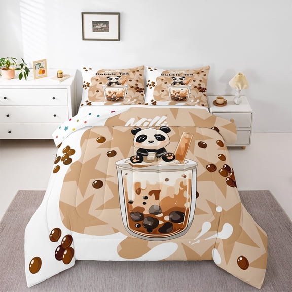 Castle Fairy Kawaii Animal Panda 3 Pieces Queen Comforter Set for Children Teens Adults,Oriental Food Bubble Tea Ultra Soft Bedding Sets,Black Brown Bedding Comforter Set Breathable