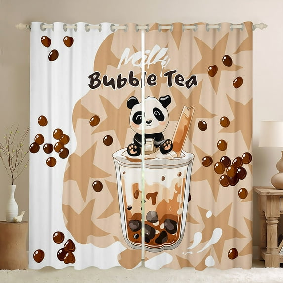Castle Fairy Kawaii Animal Panda Blackout Curtains Set of 2 (52x84 Each) for Children Teens Adults,Oriental Food Bubble Tea Window Curtains,Black Brown Curtains and Drapes,Lightweight Room Decor