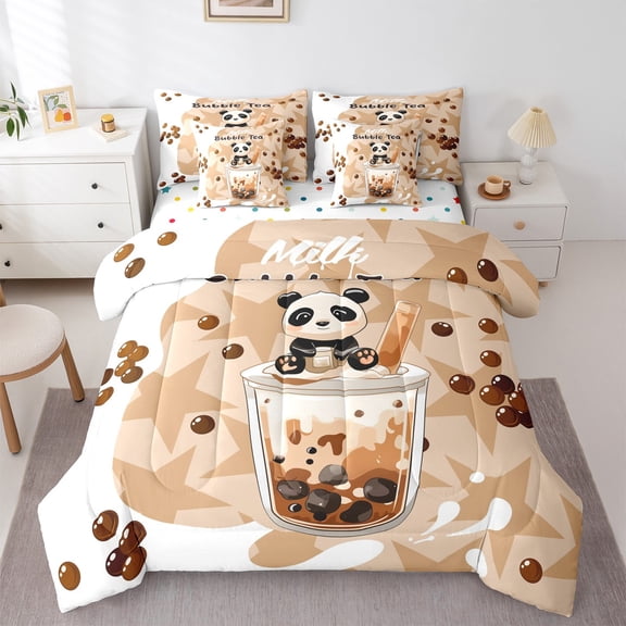 Castle Fairy Kawaii Animal Panda Twin Bedding Sets 7-Piece for Children Teens Adults,Oriental Food Bubble Tea Bedding Comforter Set Microfiber,Black Brown Breathable Sheet Sets