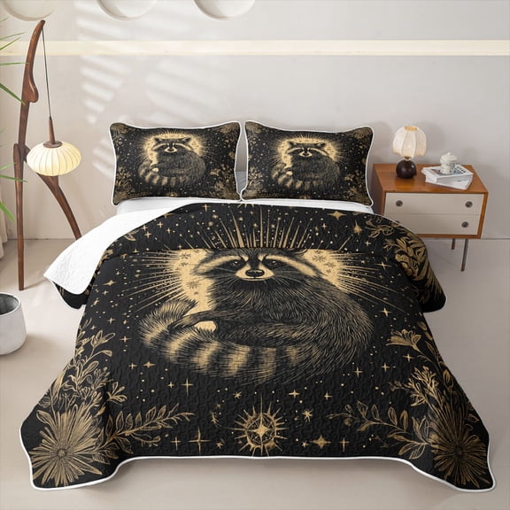 Castle Fairy Kawaii Animal Raccoon Bed Spread Queen,Vintage Gold Floral Starry Sky Queen Coverlet Set,Black Cream