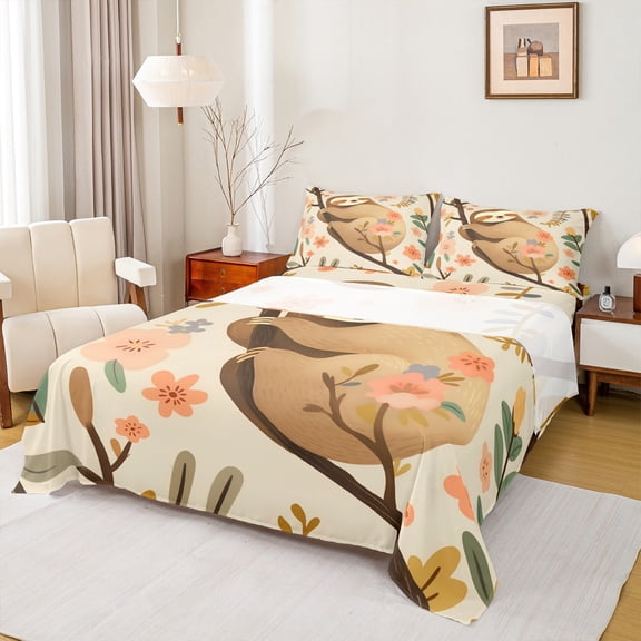 Castle Fairy Kawaii Animal Sloth 4 Pieces Queen Sheet Sets for Children Boys Girls,Pink Flowers Ultra Soft Flat Sheet,Cute Wildlife Queen Fitted Sheet,Lightweight Room Decor