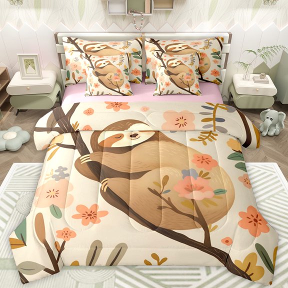 Castle Fairy Kawaii Animal Sloth Bedding Comforter Set 7 Pieces for Children Boys Girls,Pink Flowers Full Bedding Set Lightweight,Cute Wildlife Fitted Sheet Flat Sheet,Lightweight Room Decor