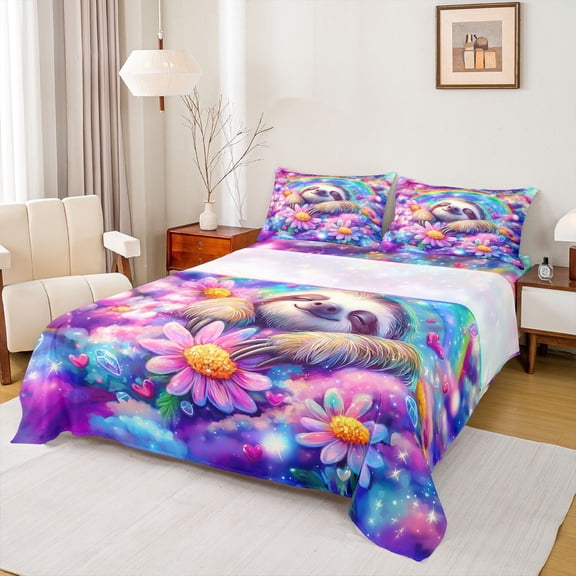 Castle Fairy Kawaii Animal Sloth Queen Sheet Sets,Bling Floral Daisy Bed Set