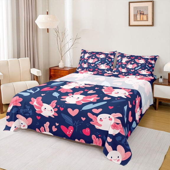 Castle Fairy Kawaii Axolotl Bed Sheets for Boys Girls,Pink Salamander King Sheets