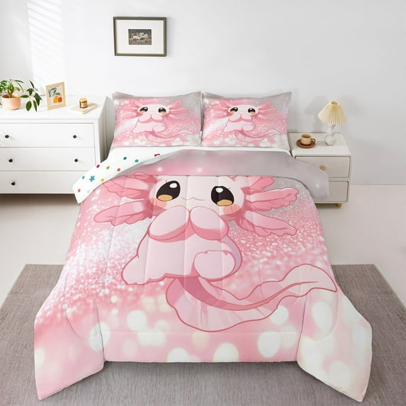 Castle Fairy Kawaii Axolotl Salamander 3 Pieces Queen Comforter Set for Preppy Child,Pink Bling Glitter Ultra Soft Bedding Sets,Cartoon Animal Bedding Comforter Set,Lightweight Room Decor
