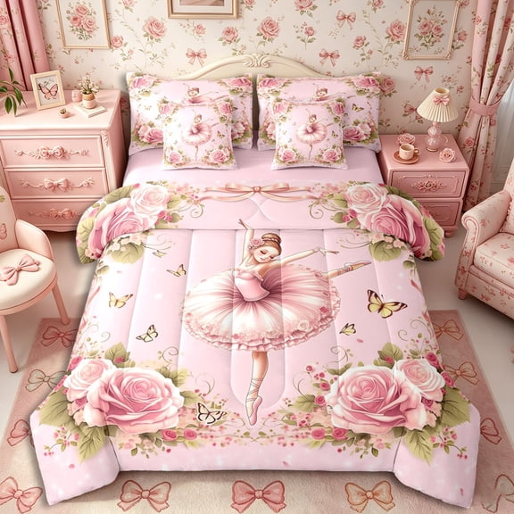 Castle Fairy Kawaii Ballet Girl Twin Bedding 7-Piece,Flying Butterfly Pink Rose Bedding Comforter Set,Pink Reversible