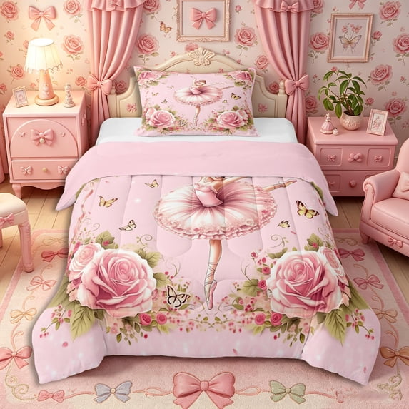 Castle Fairy Kawaii Ballet Girl Twin Comforter Sets 2pcs,Flying Butterfly Pink Rose Bedding Set,Pink Reversible,1 Comforter and 1 Pillowcase