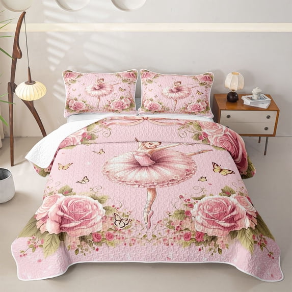 Castle Fairy Kawaii Ballet Girl Twin Quilt Set,Flying Butterfly Pink Rose Twin Coverlet Set