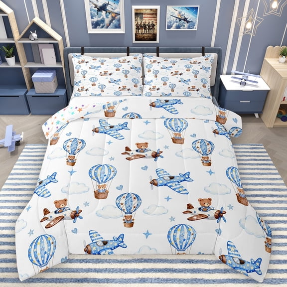Castle Fairy Kawaii Bear Full Size Comforter Sets 3-Piece for Kids Children,Cute Blue Plane Bedding Comforter Set,Love Heart Stars Print Lightweight Bedding Sets,Super Cozy Room Decor,Reversible