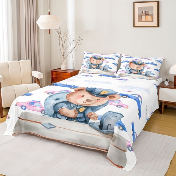 Castle Fairy Kawaii Bear Police Twin Sheet Sets for Preppy Kids,Cartoon Car Bedding