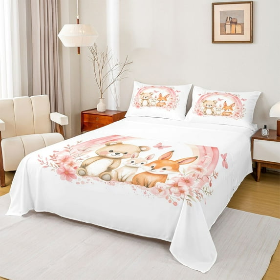 Castle Fairy Kawaii Bear Rabbits Twin Sheet Sets for Teenagers,Cute Floral Animal Bedding