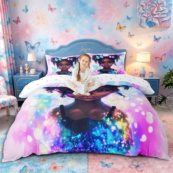 Castle Fairy Kawaii Black Girl Bedding,Magical Butterfly Duvet Cover Full,Pink Blue,1 Duvet Cover and 2 Pillowcases