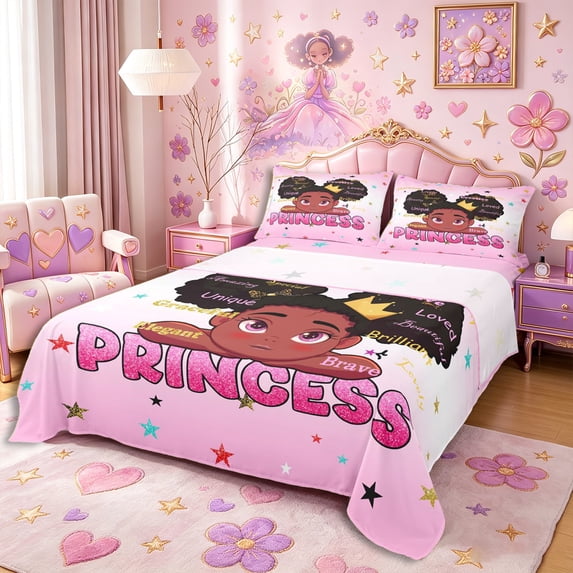 Castle Fairy Kawaii Black Girl King Sheets 4pcs,Positive Quote Print Bedding,Pink,1 Fitted Sheet, 1 Flat Sheet and 2 Pillowcases
