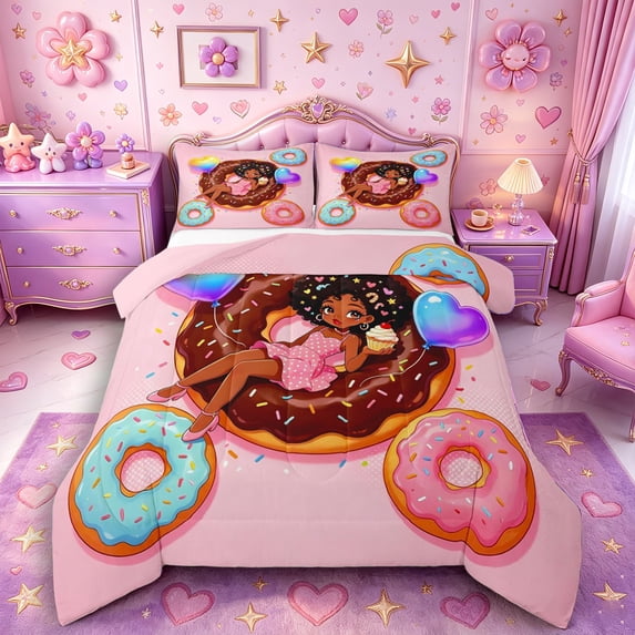 Castle Fairy Kawaii Black Girl Queen Comforter Set 3 Pieces,Cartoon Dessert Donut Comforter Sets Queen,Black Pink,Grey Reversible,1 Comforter and 2 Pillowcases