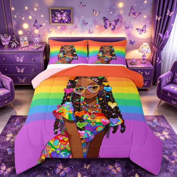 Castle Fairy Kawaii Black Girl Queen Comforter Set 3 Pieces,Retro Striped Pattern Comforter Sets Queen,Orange Violet Lime,1 Comforter and 2 Pillowcases