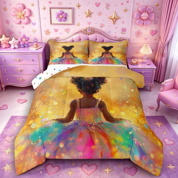 Castle Fairy Kawaii Black Girl Queen Comforter Set 3 Pieces,Watercolor Graffiti Print Comforter Sets Queen,Green Pink Gold,1 Comforter and 2 Pillowcases