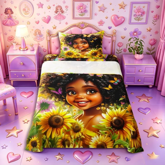 Castle Fairy Kawaii Black Girl Twin Sheets 3pcs,Sunflower Butterfly Print Bedding,Yellow Green,1 Fitted Sheet, 1 Flat Sheet and 1 Pillowcase