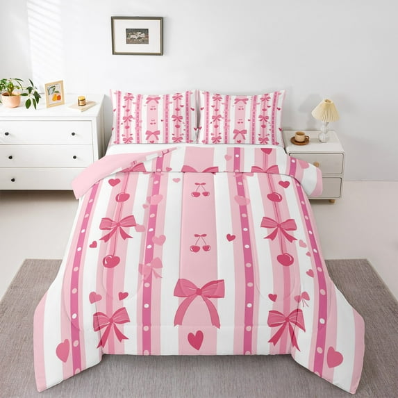 Castle Fairy Kawaii Bow 2Pcs Bedding Comforter Set for Kids Children Girls,Cute Cherry Love Heart Twin Comforter Sets,Geometric Stripes Breathable Bedding Set,Lightweight Room Decor
