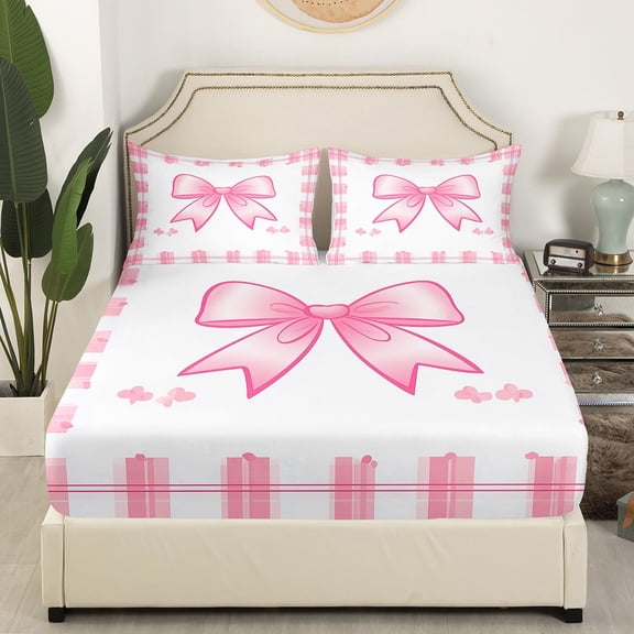 Castle Fairy Kawaii Bow 4-Piece Queen Geometric Plaid Dreamy Princess Luxury Girls’ Bed Sheets