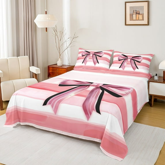 Castle Fairy Kawaii Bow 4 Pieces Queen Sheet Sets,Geometric Stripes Ultra Soft Flat Sheet,Black Pink Queen Fitted Sheet,Super Cozy Cute Room Decor