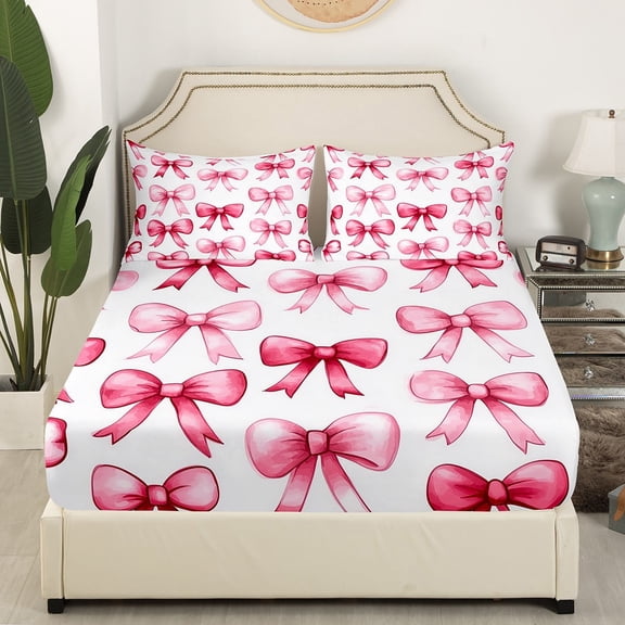 Castle Fairy Kawaii Bow 4 Pieces Queen Sheet Sets,Pink White Ultra Soft Flat Sheet,Dreamy Princess Queen Fitted Sheet,Lightweight Cartoon Room Decor