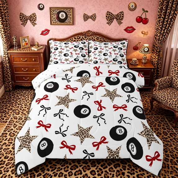 Castle Fairy Kawaii Bow Billiard Sport Full Size Comforter Sets 3-Piece, Stars Leopard Print Bedding Comforter Set, Black Red Brown,1 Comforter and 2 Pillowcases