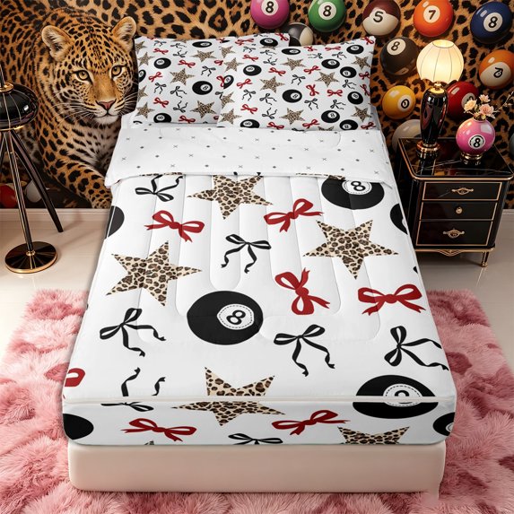 Castle Fairy Kawaii Bow Billiard Sport Zipper Twin Comforter Sets with Fitted Sheet and 2 Pillowcases, Stars Leopard Print Zipper Bedding Set, Black Red Brown,4-Piece