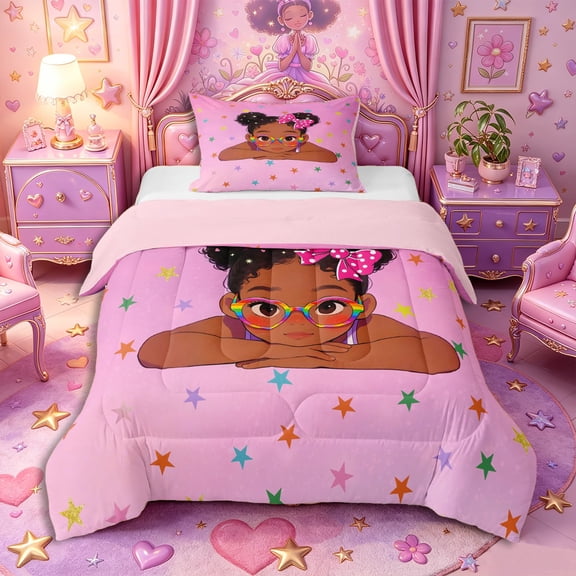 Castle Fairy Kawaii Bow Black Girl Twin Comforter Sets 2pcs,Colorful Stars Print Bedding Set,Pink Blue Green,1 Comforter and 1 Pillowcase