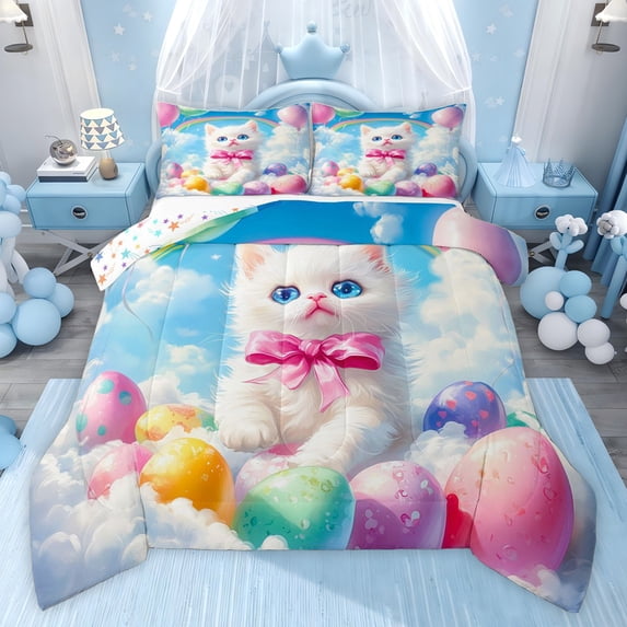 Castle Fairy Kawaii Bow Cat Girl Full Size Comforter Sets,Happy Easter Eggs Bedding Sets