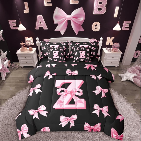 Castle Fairy Kawaii Bow Daybed Bedding Sets Kids/Girls 7-Piece,Black Pink Toddler Twin Bedding Sets,Z Letter Toddler Bed Bedroom Suit Pink Bows