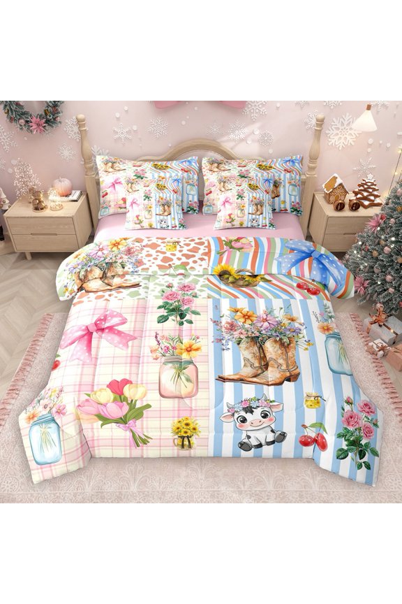Kawaii Bow Flower 7-Piece Bedding Comforter Set for Kids Girls Boys,Geometric Stripes Plaid King Bedding Sets,Western Cowgirl Boots Ultra Soft Bed Sheets,Cute Cow Cherry Room Decor
