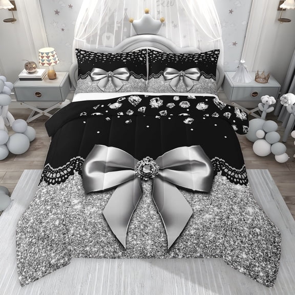 Castle Fairy Kawaii Bow Queen Comforter Set,Crystal Glitter Print Bedding Comforter Set