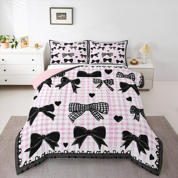 Castle Fairy Kawaii Bow-Tie 3 Pieces Queen Comforter Set for Kids Girls Boys,Geometric Plaid Ultra Soft Bedding Sets,Love Heart Print Bedding Comforter Set,Luxury Bedroom Decor