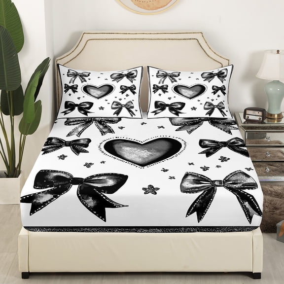 Castle Fairy Kawaii Bow Tie 4pcs Bed Sheets,Black White King Sheets,Love Heart Print Super Cozy Sheet Set,Ultra Soft Cute Home Decor