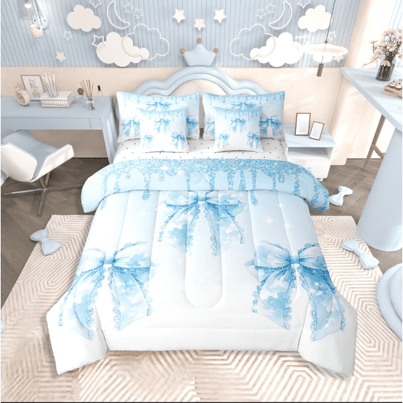 Castle Fairy Kawaii Bowknot 7-Piece Twin Bedding Sets for Teens,Blue Sequin Bedding Comforter Set,Gradient Splash Breathable Sheet Sets,Ultra Soft Home Decor