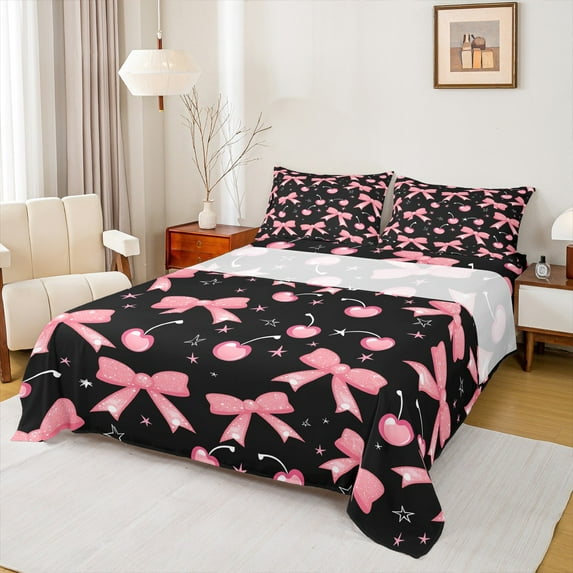 Castle Fairy Kawaii Bowknot Cherry 3Pcs Twin Sheet Sets for Girls Teens Children,Cute Galaxy Twin Fitted Sheet,Black Pink Breathable Flat Sheet,Ultra Soft Home Decor