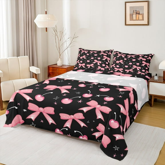 Castle Fairy Kawaii Bowknot Cherry 4Pcs Bed Sheets for Girls Teens Children,Cute Galaxy King Sheets,Black Pink Super Cozy Sheet Set,Ultra Soft Home Decor