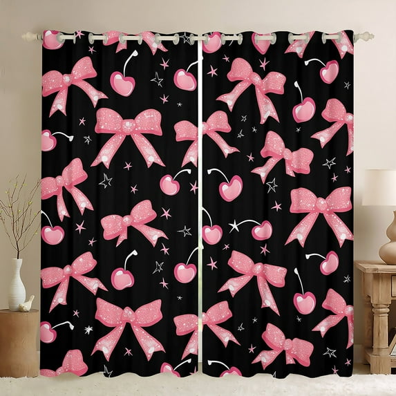 Castle Fairy Kawaii Bowknot Cherry Black Out Curtains for Girls Teens Children,Cute Galaxy Curtains Pack Of 2 (42X63 Each),Black Pink Bedroom Curtains,Ultra Soft Home Decor