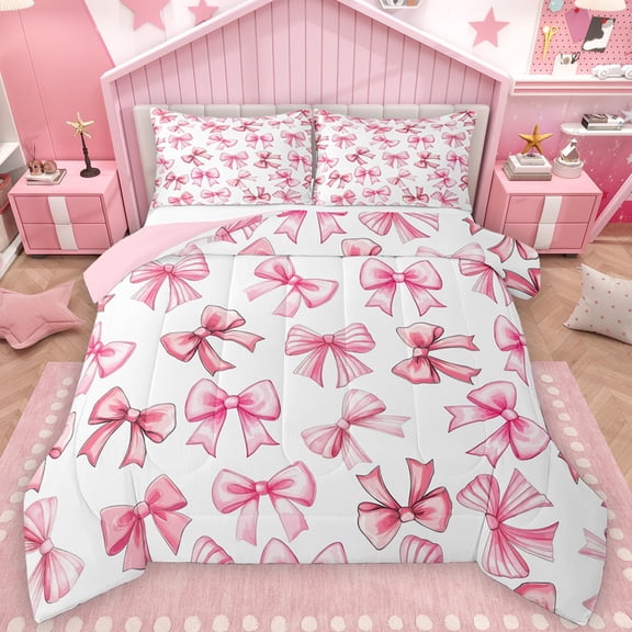 Castle Fairy Kawaii Bowknot Girl Bedding Comforter Set 2pcs,Dreamy Princess Twin Comforter Sets Microfiber,Cute Pink Bow Breathable Bedding Set,Lightweight Room Decor,Reversible