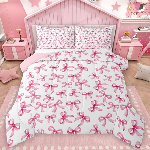Castle Fairy Kawaii Bowknot Girl Full Size Comforter Sets 3-Piece,Dreamy Princess Bedding Comforter Set,Cute Pink Bow Lightweight Bedding Sets,Lightweight Room Decor,Reversible