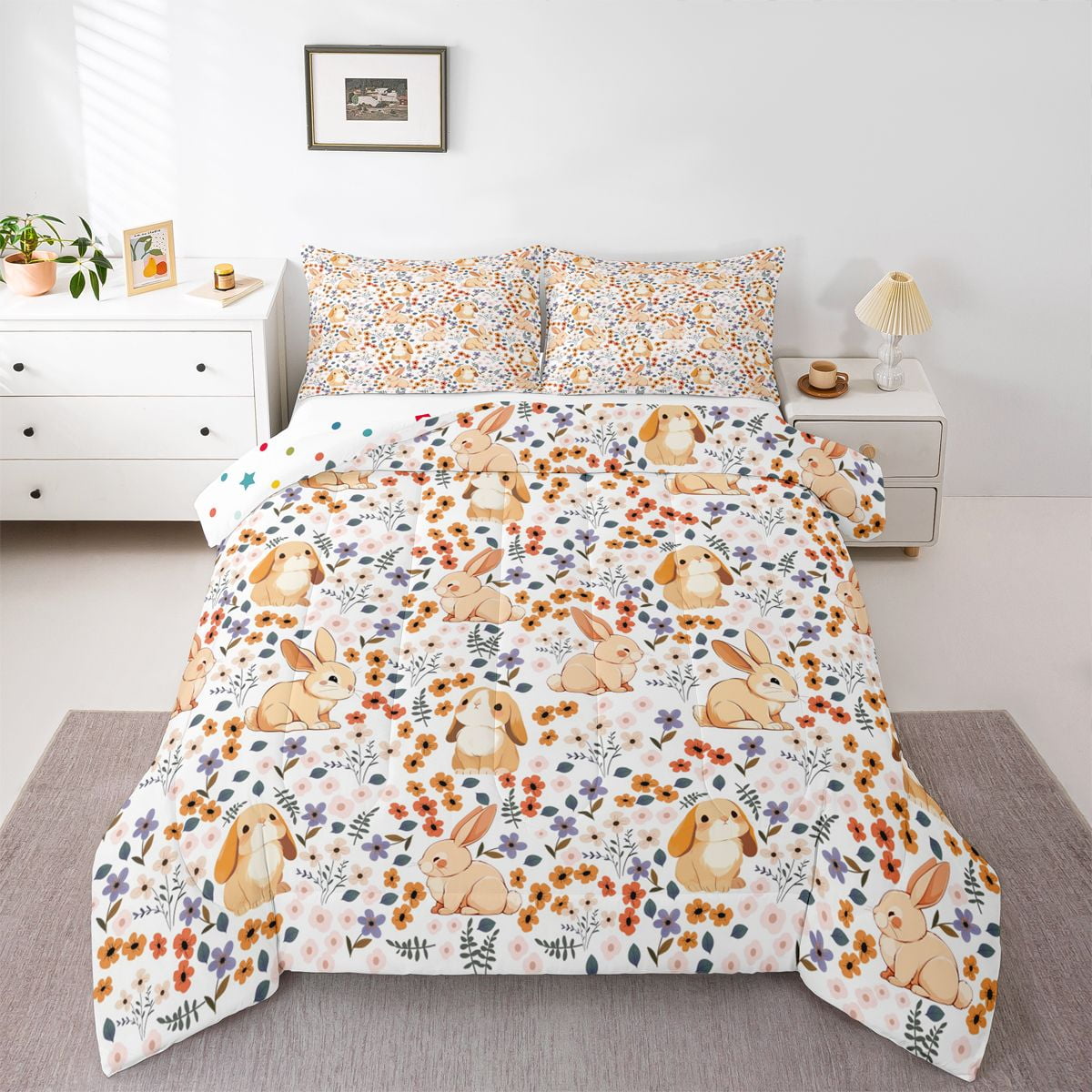 Castle Fairy Kawaii Brown Rabbits 3 Pieces Queen Comforter Set for ...