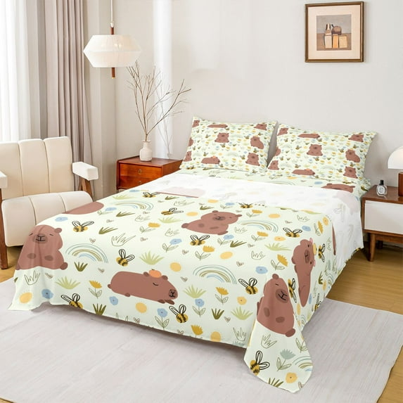 Castle Fairy Kawaii Capybara 4pcs Bed Sheets for Kids Children,Cartoon Animal King Sheets,Cute Rainbow Honeybee Super Cozy Sheet Set,Super Cozy Room Decor