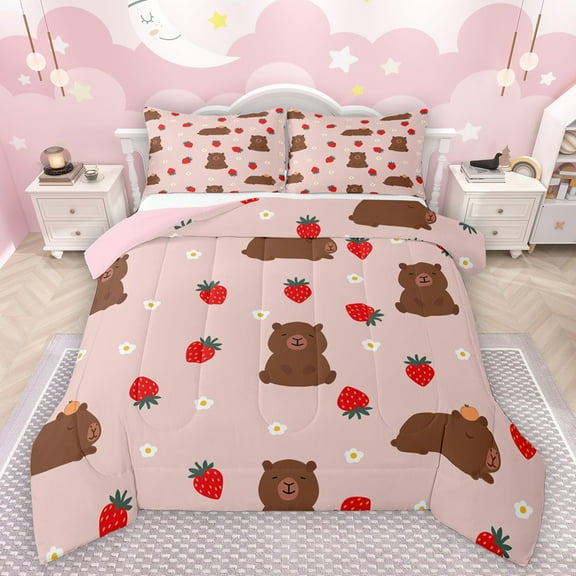 Castle Fairy Kawaii Capybara Bedding Comforter Set 2pcs for Kids Children,Cartoon Animal Twin Comforter Sets Microfiber,Red Strawberry Flowers Breathable Bedding Set,Super Cozy Room Decor,Reversible