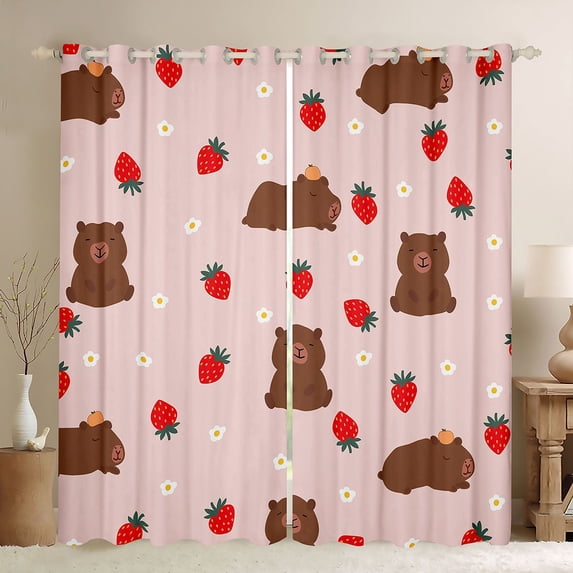 Castle Fairy Kawaii Capybara Black Out Curtains for Kids Children,Cartoon Animal Curtains Pack of 2 (42x63 Each),Red Strawberry Flowers Bedroom Curtains,Super Cozy Room Decor