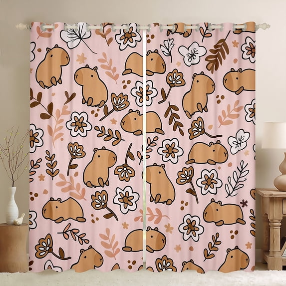 Castle Fairy Kawaii Capybara Black Out Curtains,Flowers Curtains Pack of 2 (42x63 Each)