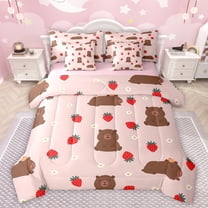 Castle Fairy Kawaii Capybara Twin Bedding Sets 7-Piece for Kids Children,Cartoon Animal Bedding Comforter Set Microfiber,Red Strawberry Flowers Breathable Sheet Sets,Super Cozy Room Decor,Reversible