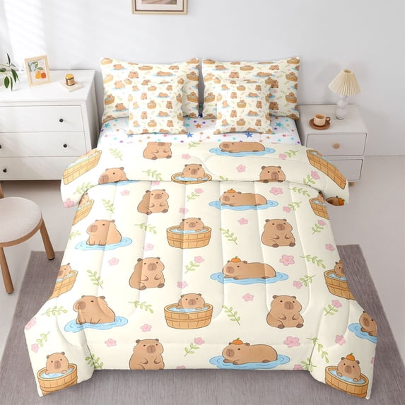 Castle Fairy Kawaii Capybara Twin Bedding Sets,Cute Floral Wildlife Bedding Comforter Set