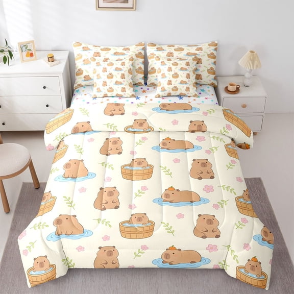 Castle Fairy Kawaii Capybara Twin Bedding Sets,Cute Floral Wildlife Bedding Comforter Set