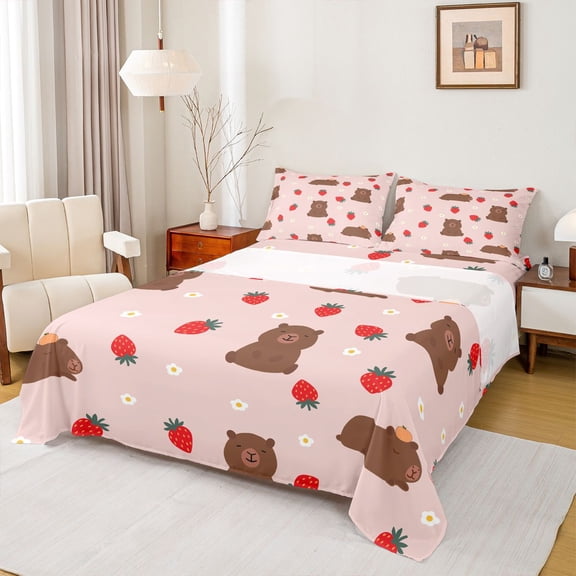 Castle Fairy Kawaii Capybara Twin Sheet Sets 3pcs for Kids Children,Cartoon Animal Twin Fitted Sheet Microfiber,Red Strawberry Flowers Breathable Flat Sheet,Super Cozy Room Decor